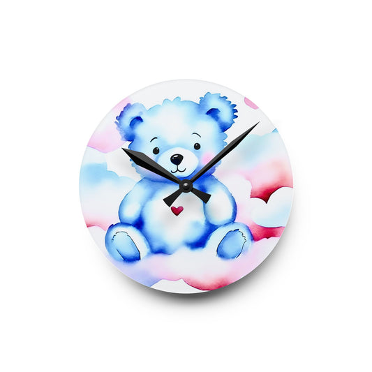 Wall clock with a blue teddy bear design on a white background