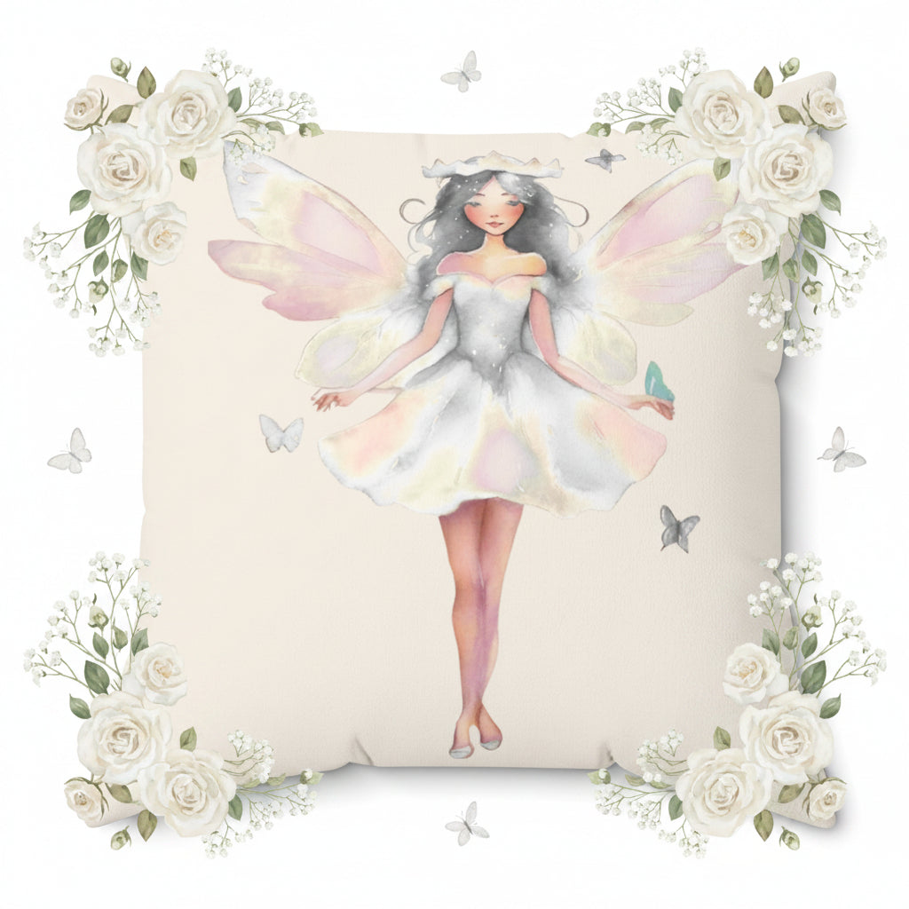 Cream Decorative pillow with a white fairy design on a white background