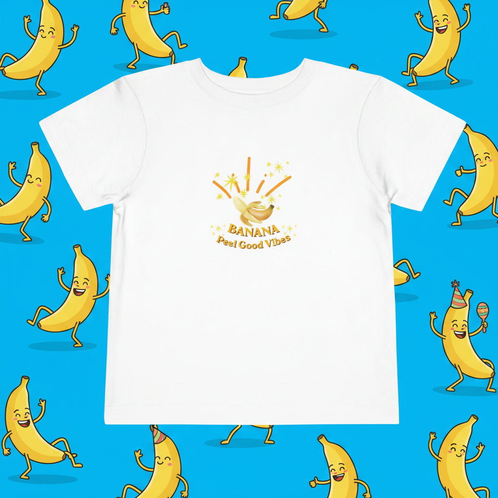 White t-shirt with a banana graphic and 'Feel Good Vibes' text on a cartoon style banana background