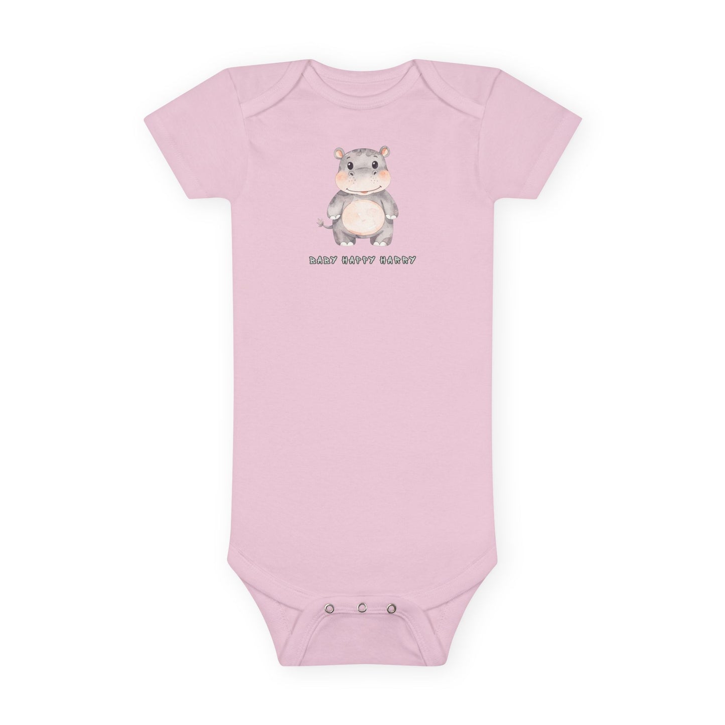 Pink baby onesie with a cartoon hippo and text on a white background