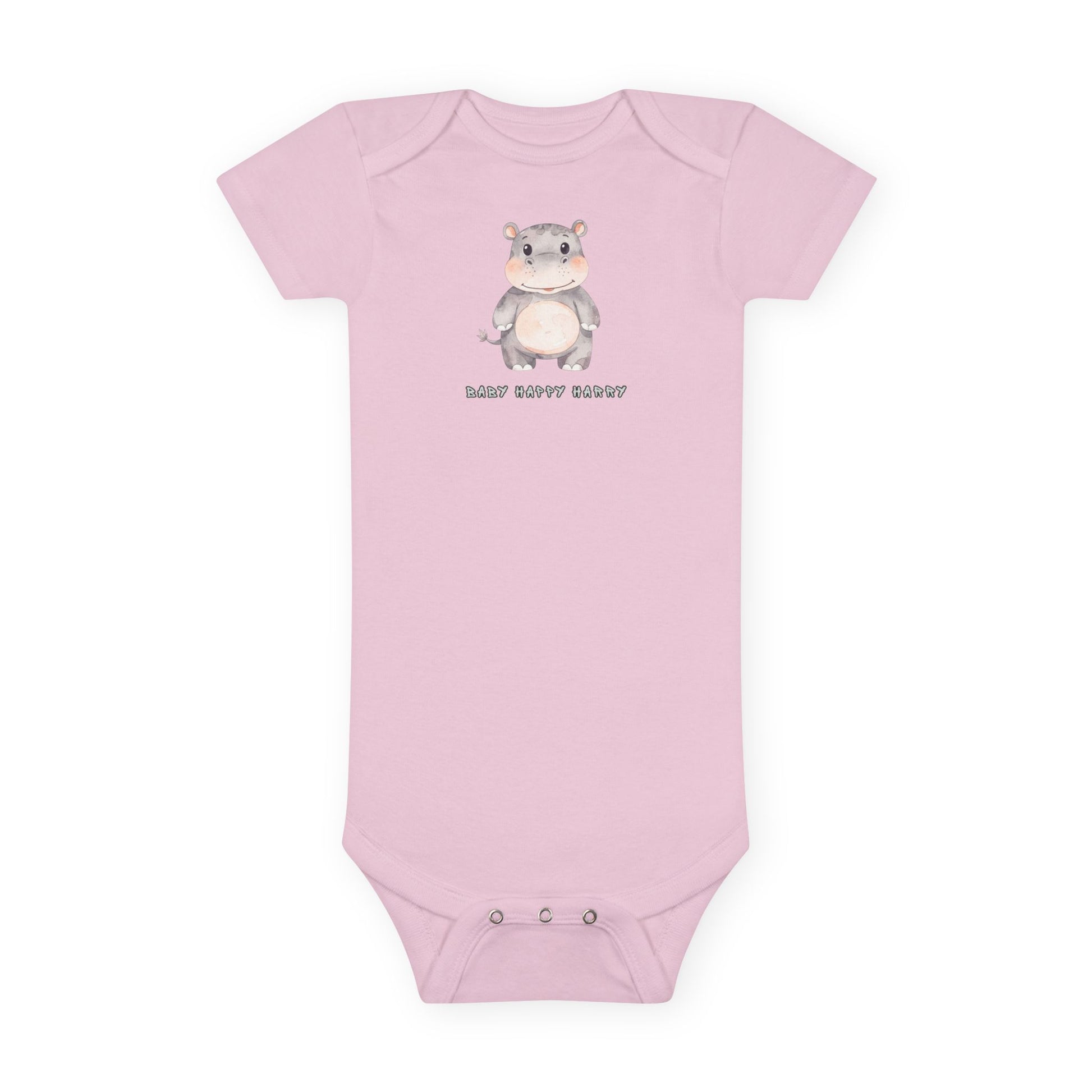 Pink baby onesie with a cartoon hippo and text on a white background