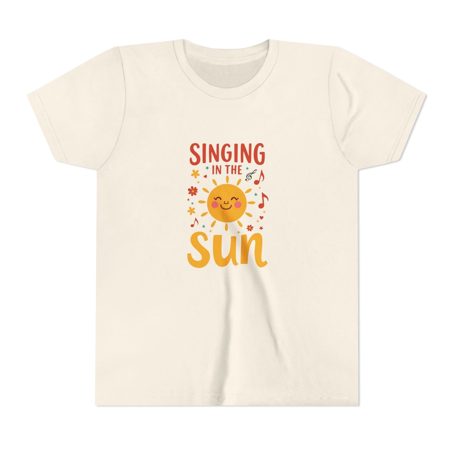 Beige t-shirt with 'Singing in the Sun' graphic design on a white background