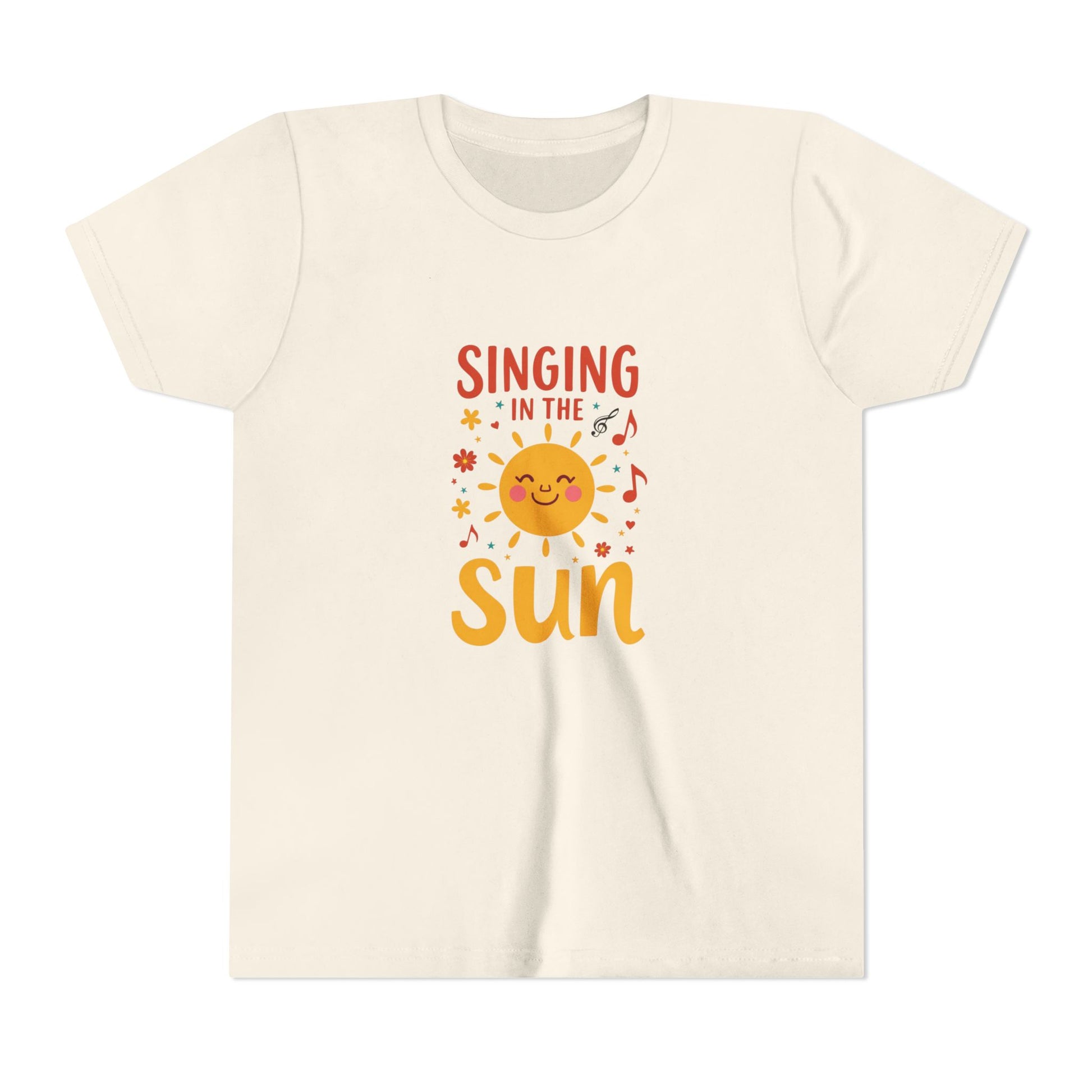 Beige t-shirt with 'Singing in the Sun' graphic design on a white background