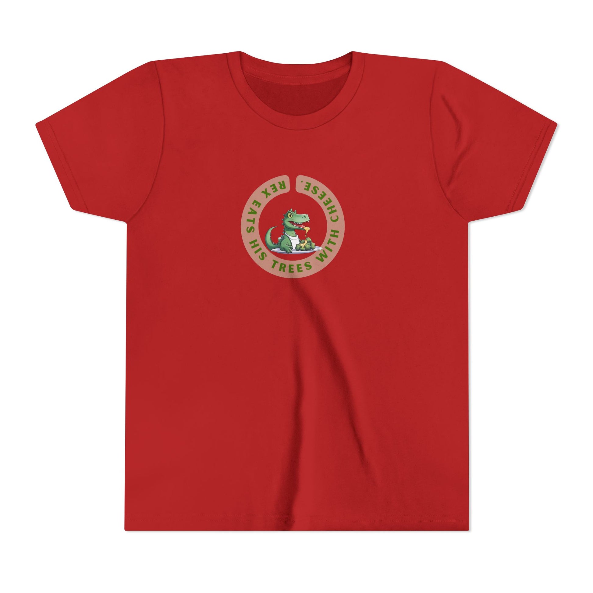 A red short-sleeve crewneck t-shirt featuring a circular chest graphic with a green T-Rex dinosaur and the text