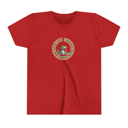A red short-sleeve crewneck t-shirt featuring a circular chest graphic with a green T-Rex dinosaur and the text