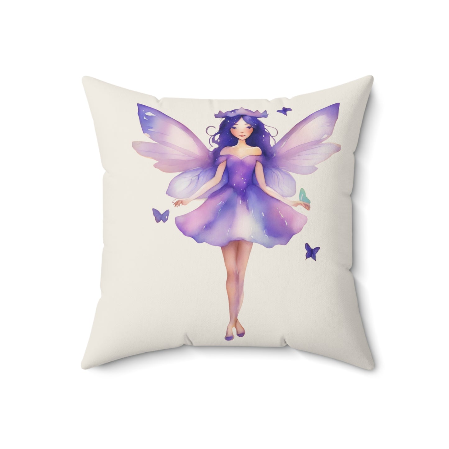 Cream Pillow with a lavender fairy design on a white background
