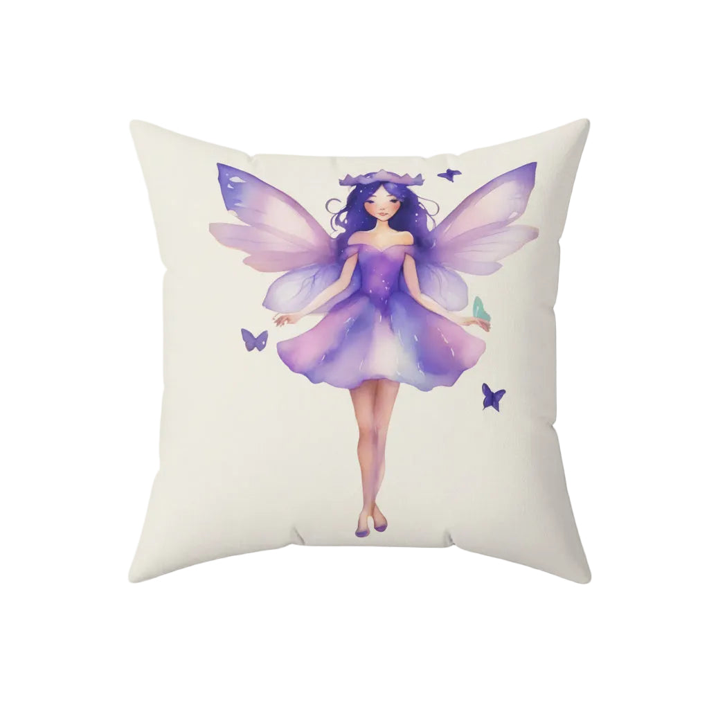 Cream Pillow with a lavender fairy design on a white background
