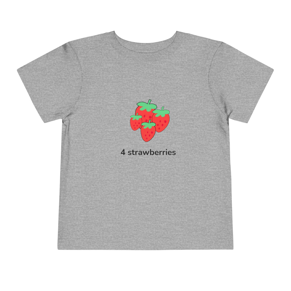 A heather gray short-sleeve t-shirt with a graphic of four red strawberries with green tops and the text '4 strawberries' printed below it, displayed on a solid white background.