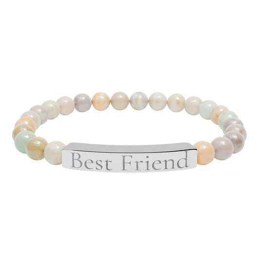 Beaded bracelet with a silver tag labeled 'Best Friend' on a white background