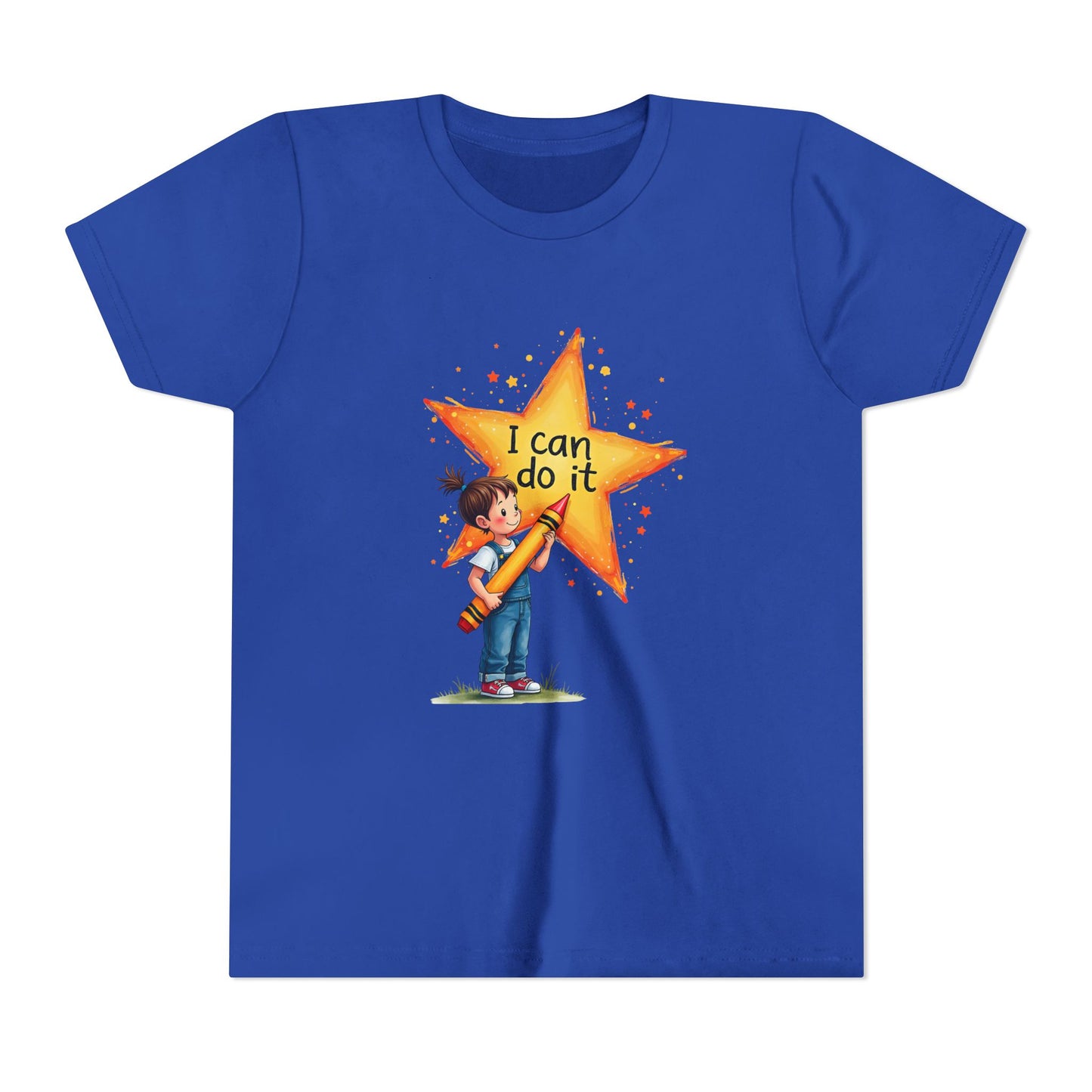 Blue t-shirt with a cartoon character holding a crayon and 'I can do it' text on a white background