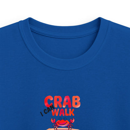 A close-up of a royal blue crewneck t-shirt featuring a graphic print on the chest. The graphic displays the text 'I CAN CRAB WALK' in red and orange gradient letters, with a cartoon red crab 