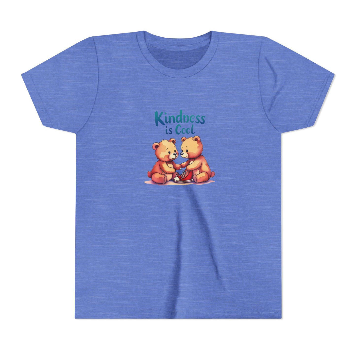 Blue t-shirt with two bears and 'Kindness is Cool' text on a white background