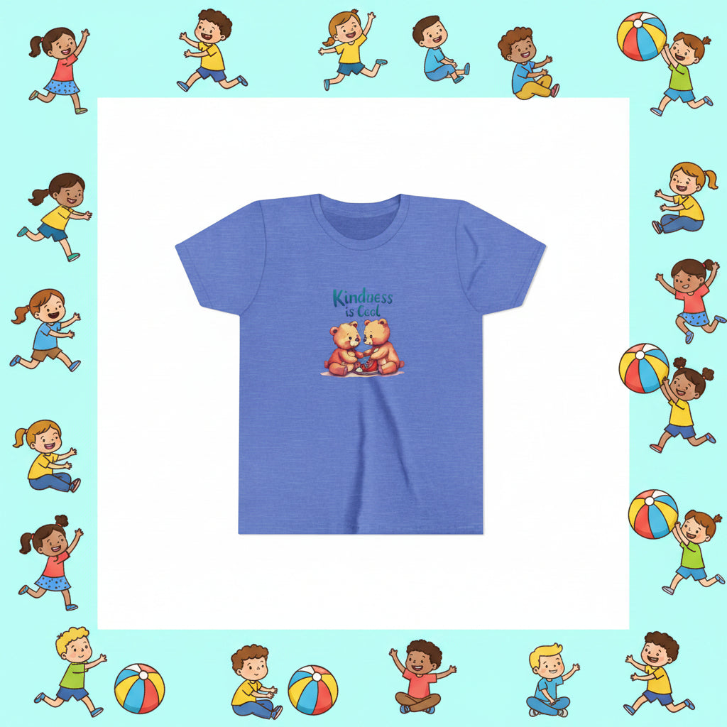 Blue t-shirt with two bears and 'Kindness is Cool' text on a white background