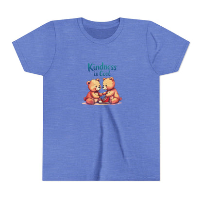 Blue t-shirt with two bears and 'Kindness is Cool' text on a white background