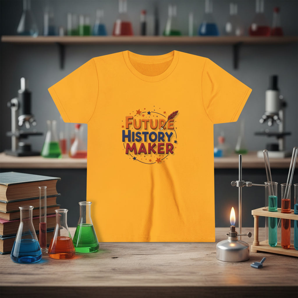 Mustard yellow  t-shirt with 'Future History Maker' text and design on a scintific background