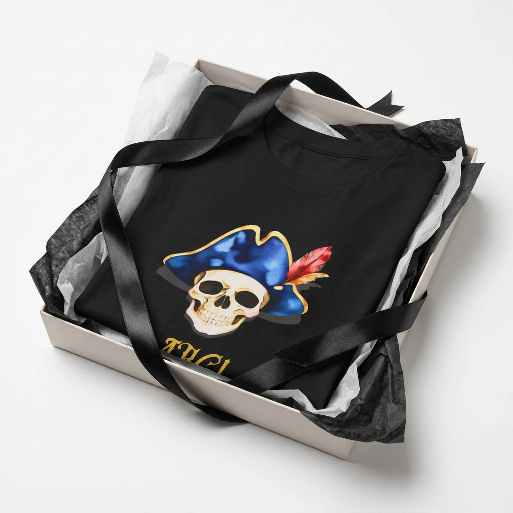 Folded teeKids black T‑shirt with a pirate skull wearing a blue hat and red feather, with “ARG!” in yellow text.