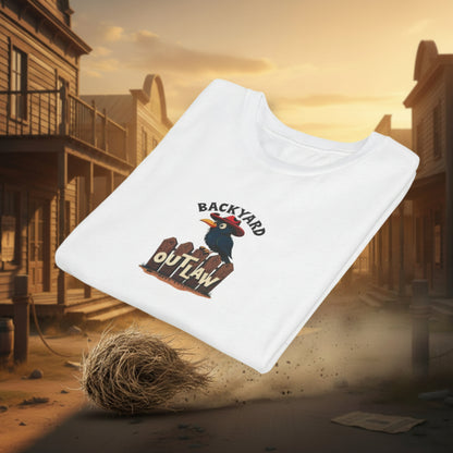 Folded white T-shirt blows with tumbleweed along the street of an old western town. AI prompted from the imagination of Malika Bourne on Ray the aling crow character.