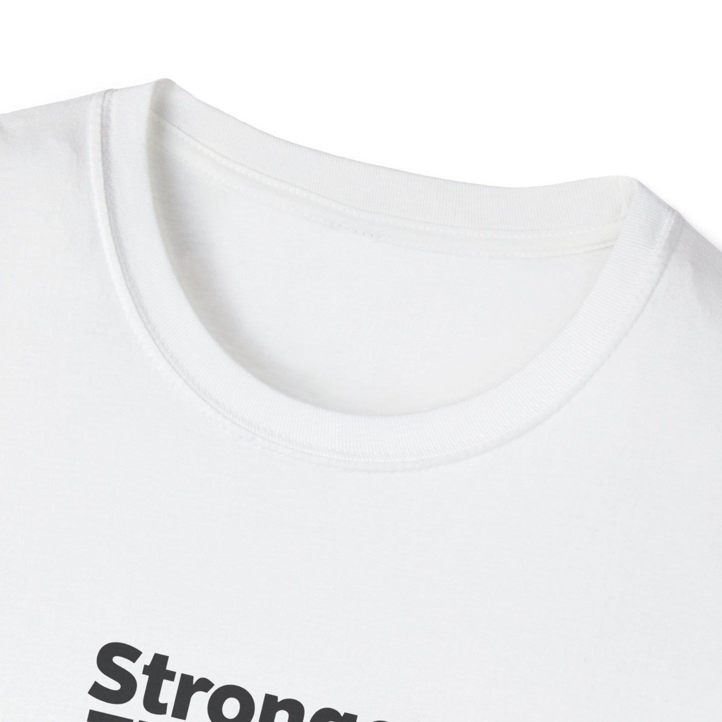 Close-up of a white crew-neck t-shirt showing the inner collar and the top of a black printed graphic that reads 'Strong'.