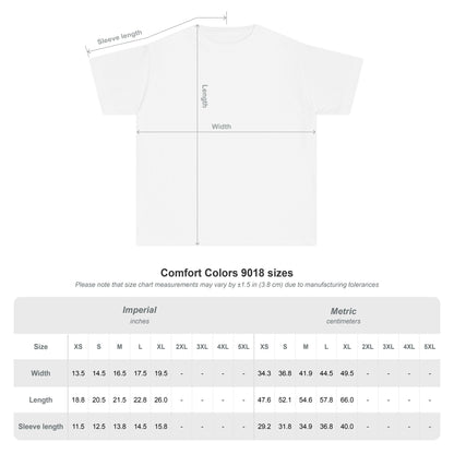 Measurement chart for a white t-shirt with dimensions labeled, including imperial and metric sizes. Glidan cahrt