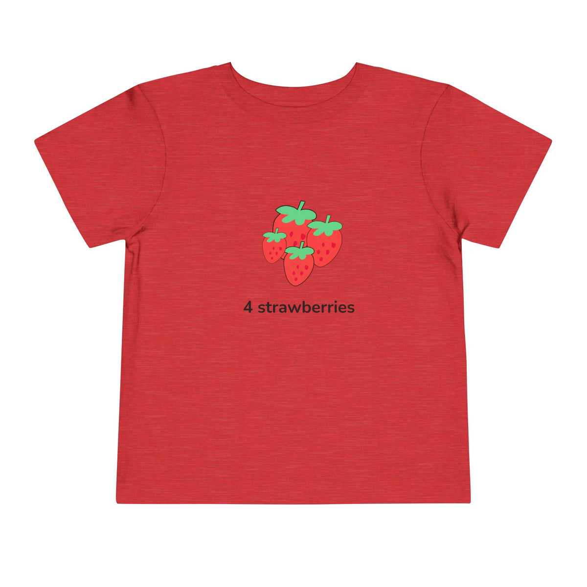 A red short-sleeve crewneck t-shirt featuring a graphic of four strawberries on the chest with the text '4 strawberries' printed below in black.