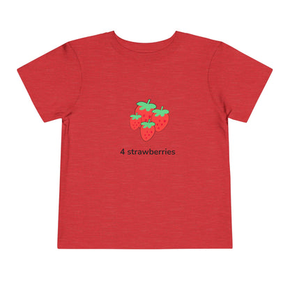 A red short-sleeve crewneck t-shirt featuring a graphic of four strawberries on the chest with the text '4 strawberries' printed below in black.