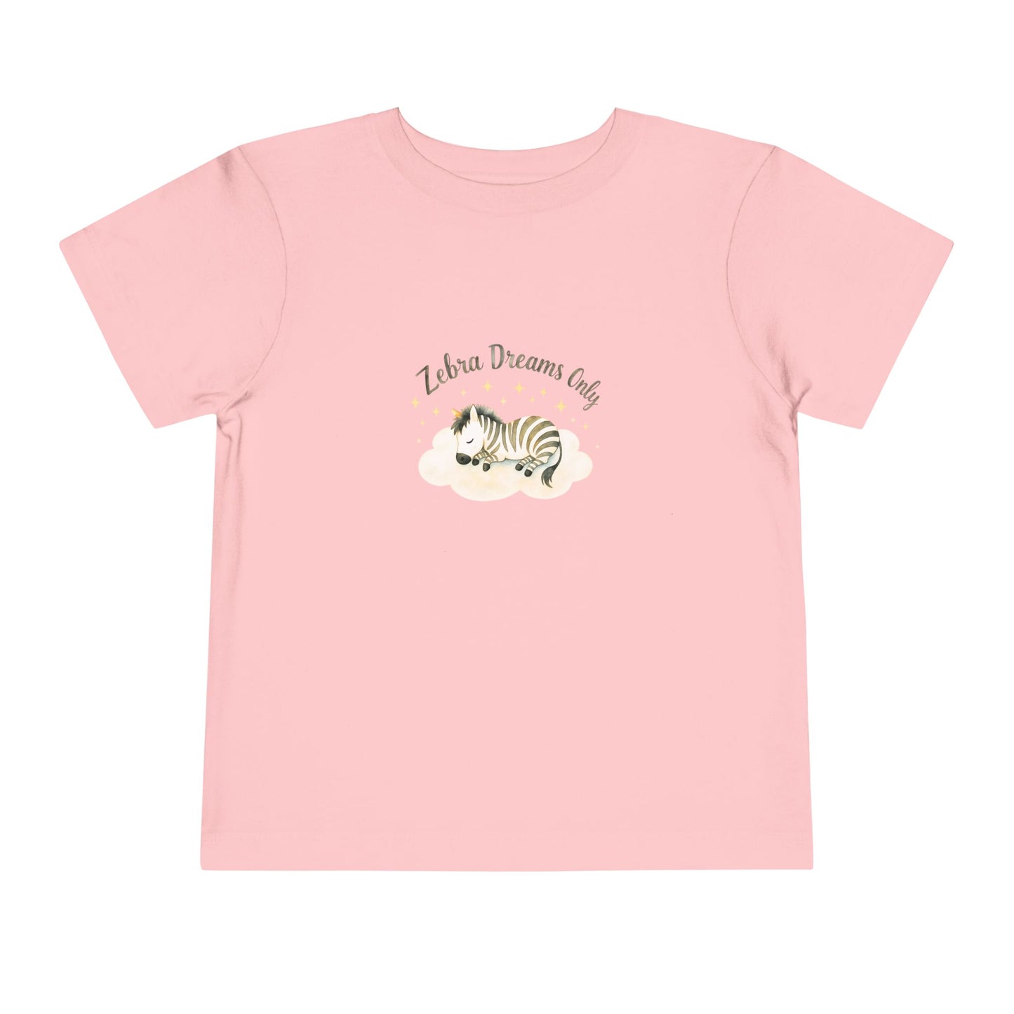 Pink t-shirt with a zebra graphic and text on a white background. Toddler t-shirt with a sleeping watercolor zebra curled on a cloud and text reading ‘Zebra Dreams.’ Not intended for sleepwear.