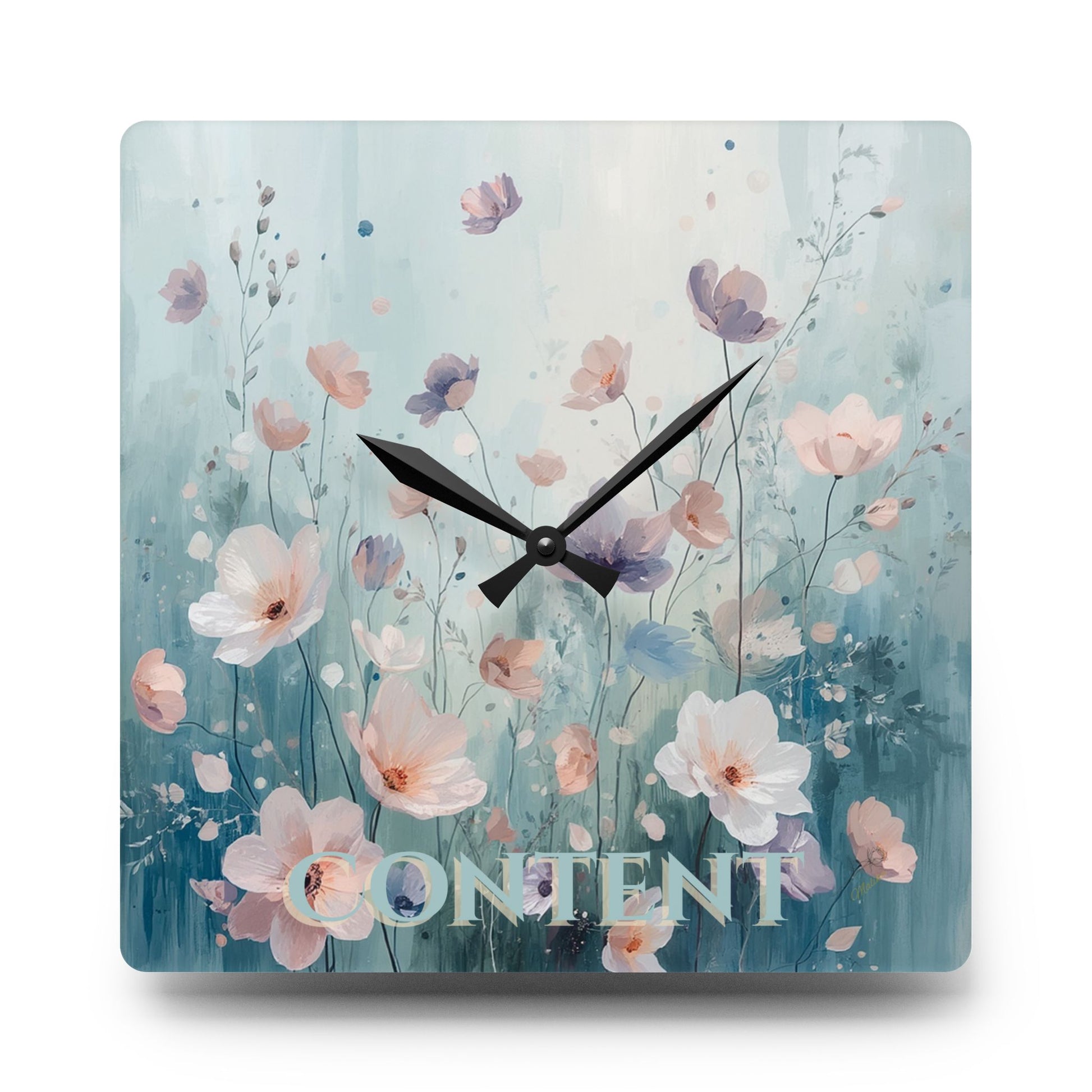 Decorative clock with floral design and 'CONTENT' text on a light blue background