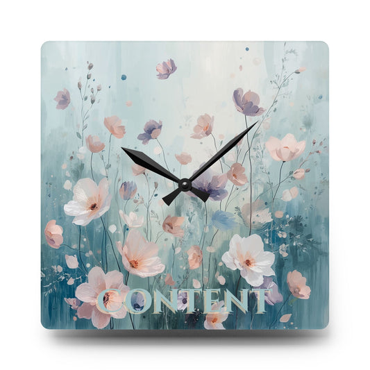 Decorative clock with floral design and 'CONTENT' text on a light blue background