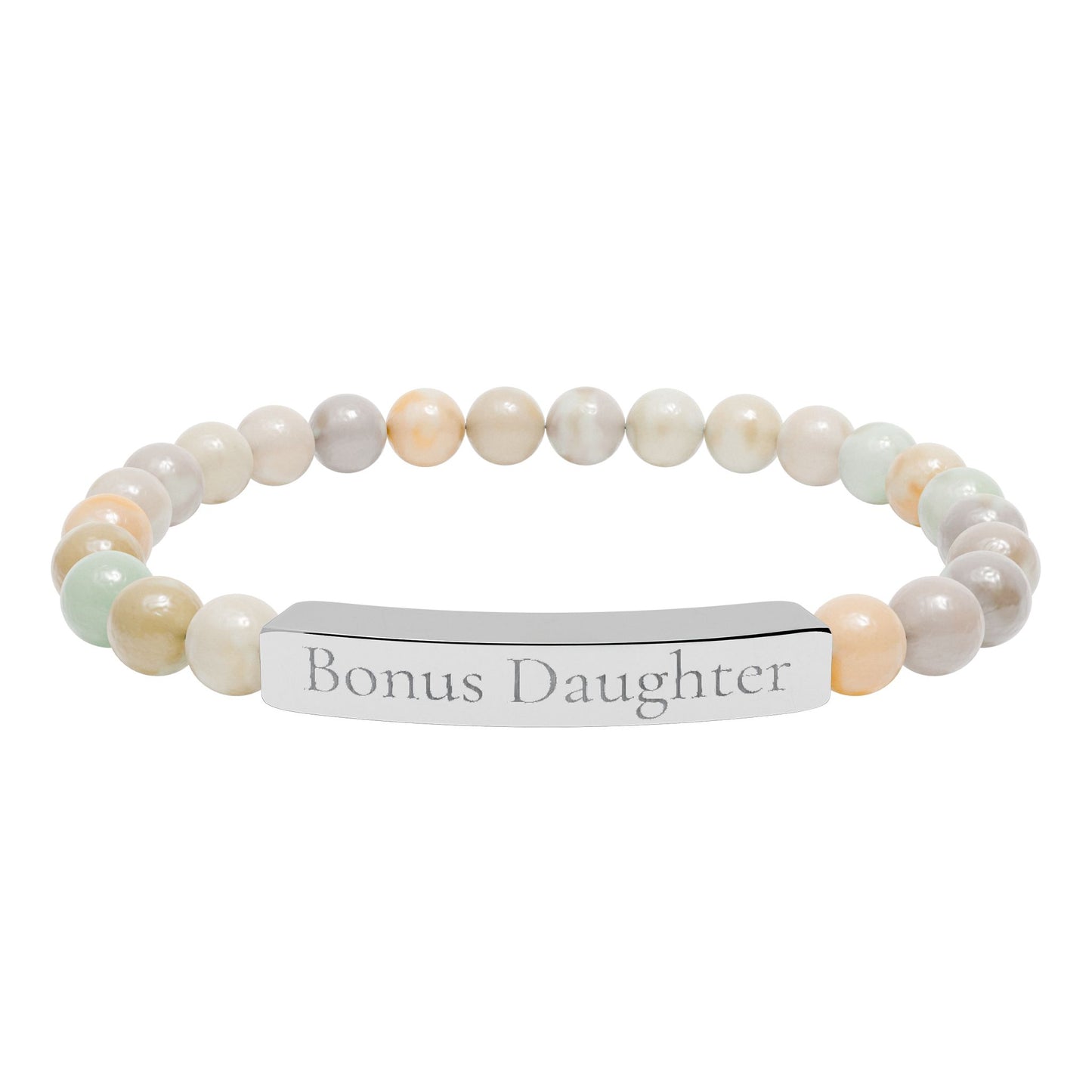 Beaded bracelet with a metal tag displaying 'Bonus Daughter' on a white background