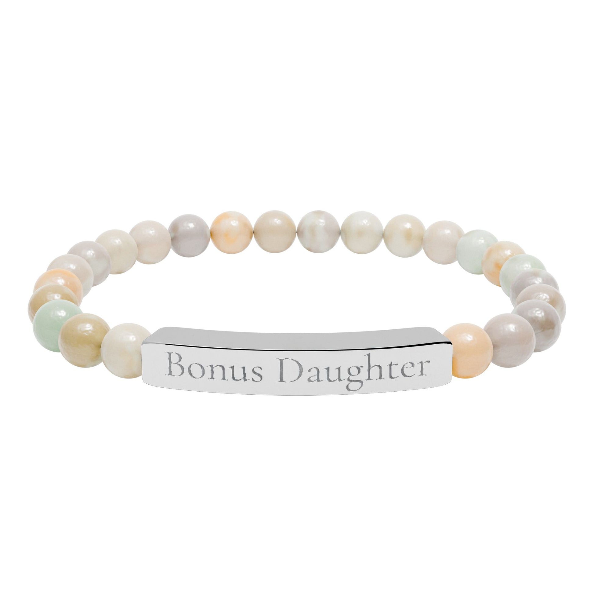 Beaded bracelet with a metal tag displaying 'Bonus Daughter' on a white background