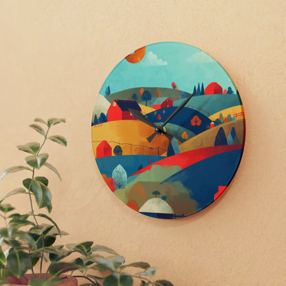 Acrylic Wall Clock — Patchwork Farmland Colorful Landscape Art Timepiece