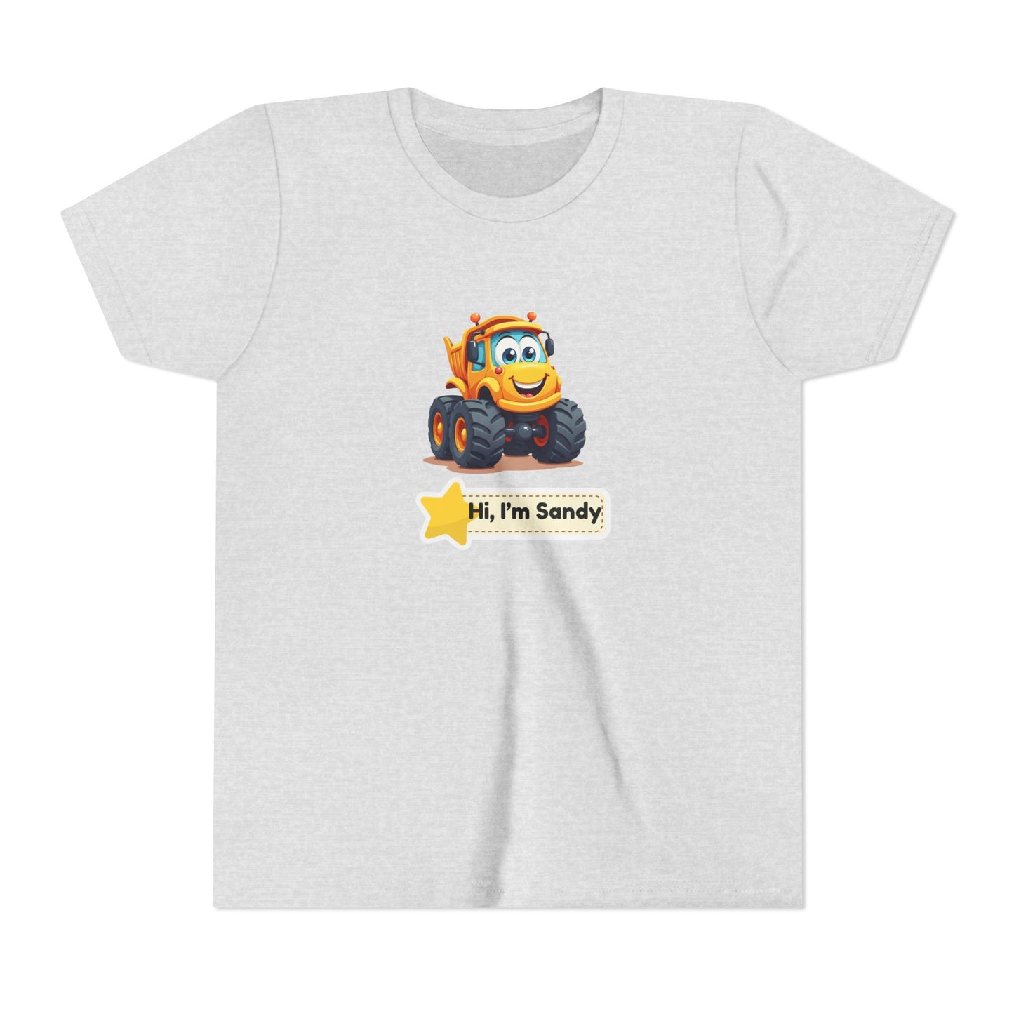 A light heather gray short-sleeve t-shirt featuring a cartoon graphic of an orange construction vehicle with the text 'Hi, I'm Sandy' below it, displayed on a clean white background.