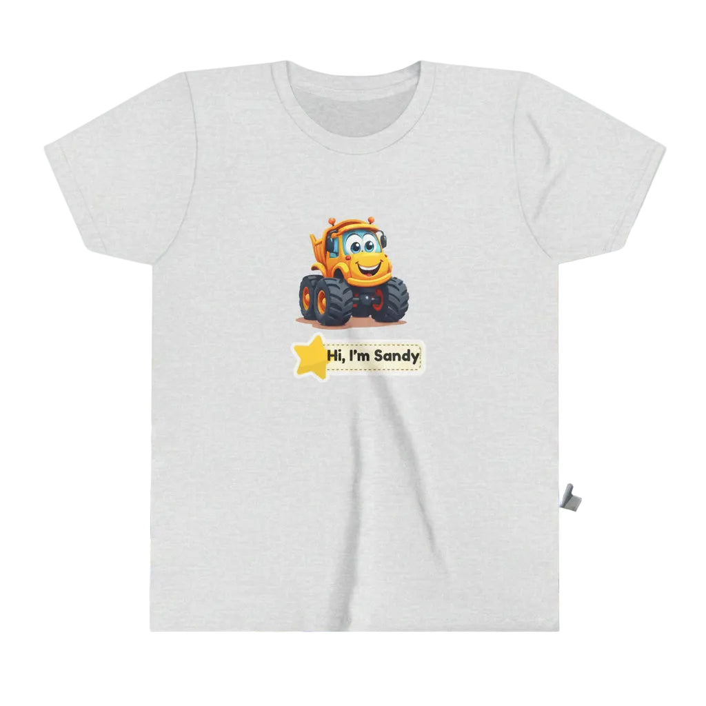 An ash short-sleeve kids' T-shirt featuring a cartoon graphic of an orange construction vehicle with the text "Hi, I'm Sandy" below it, displayed on a clean white background.