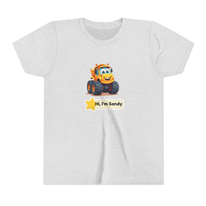 A light heather gray short-sleeve t-shirt featuring a cartoon graphic of an orange construction vehicle with the text 'Hi, I'm Sandy' below it, displayed on a clean white background.