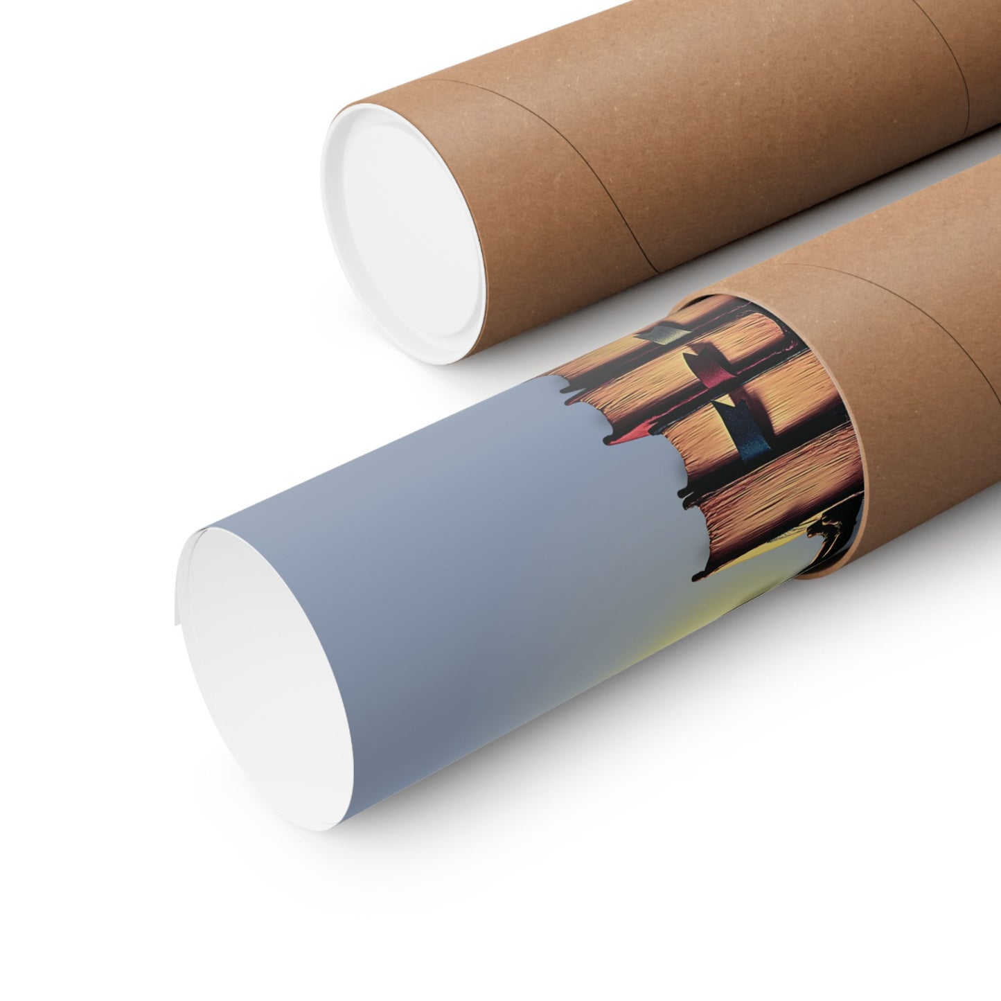 Cardboard tube with a printed design on a white background