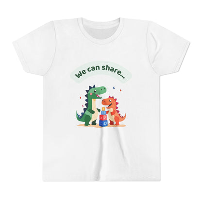 White t-shirt with dinosaur design and 'We can share' text on a white background