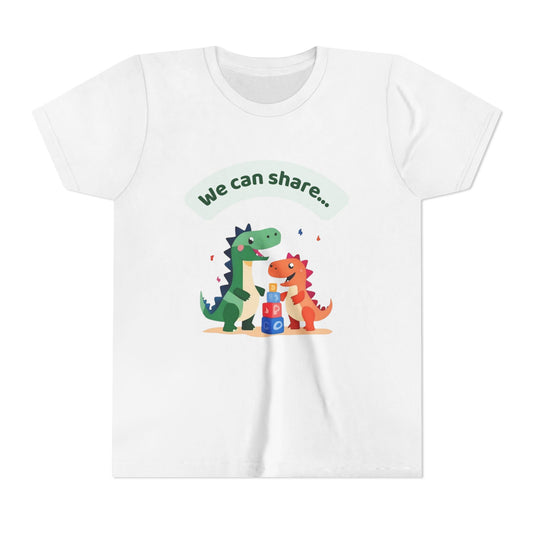 White t-shirt with dinosaur design and 'We can share' text on a white background