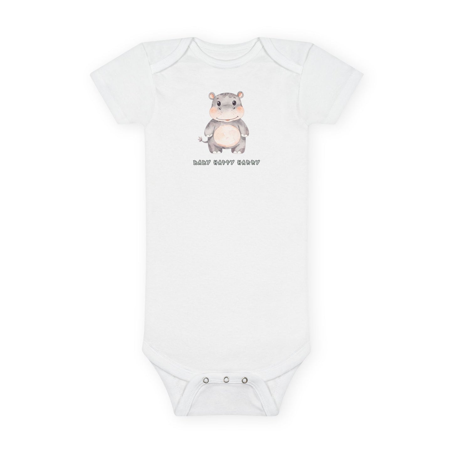 White baby onesie with a cartoon hippo design and text on a white background