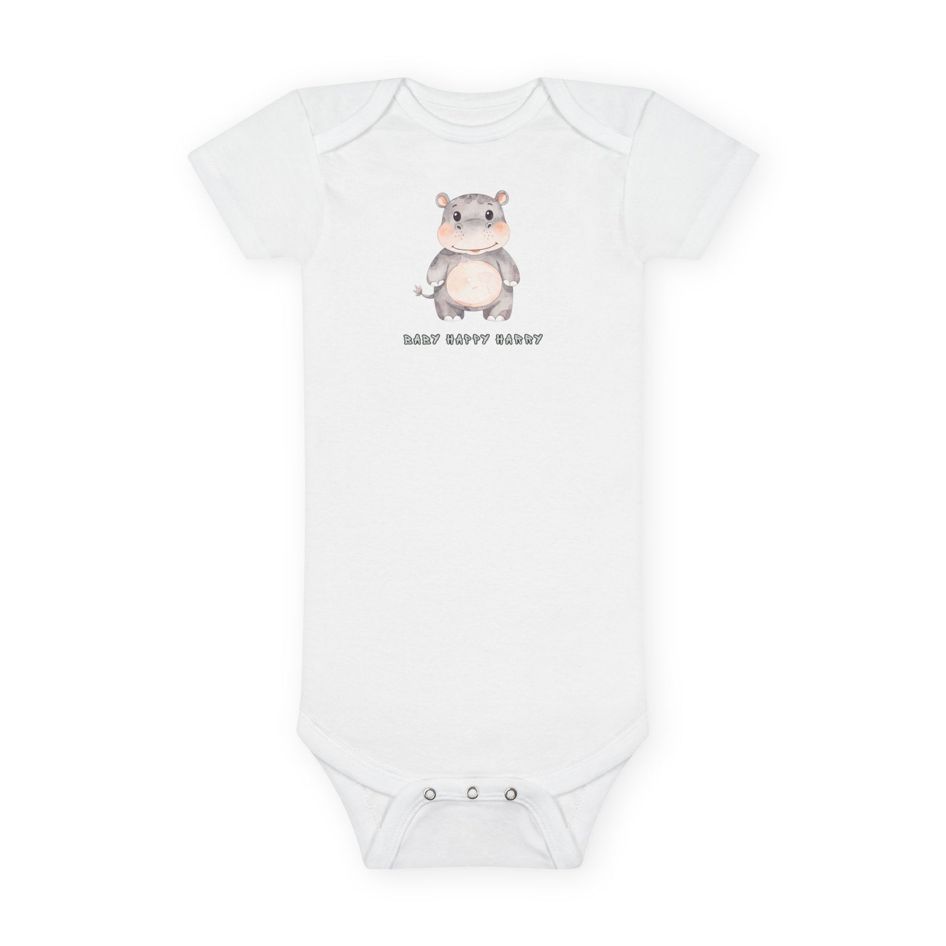 White baby onesie with a cartoon hippo design and text on a white background