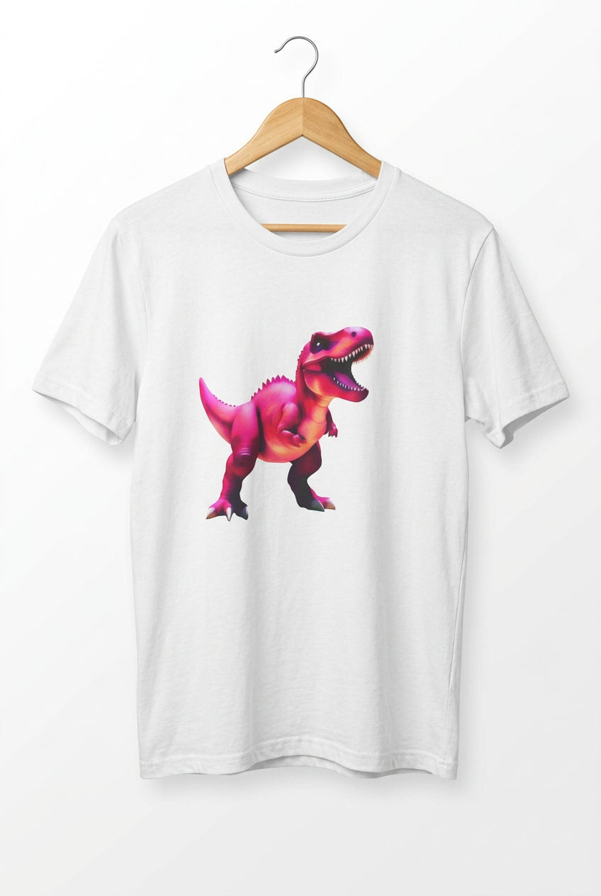A large magenta dinosaur is featureed with his open mouth on a white tee.