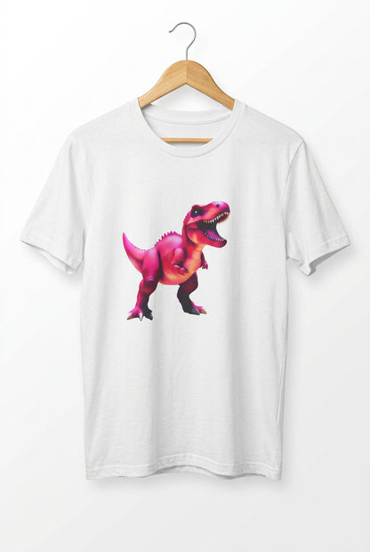 A large magenta dinosaur is featureed with his open mouth on a white tee.
