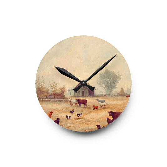Round wall clock with a farm scene design on a white background
