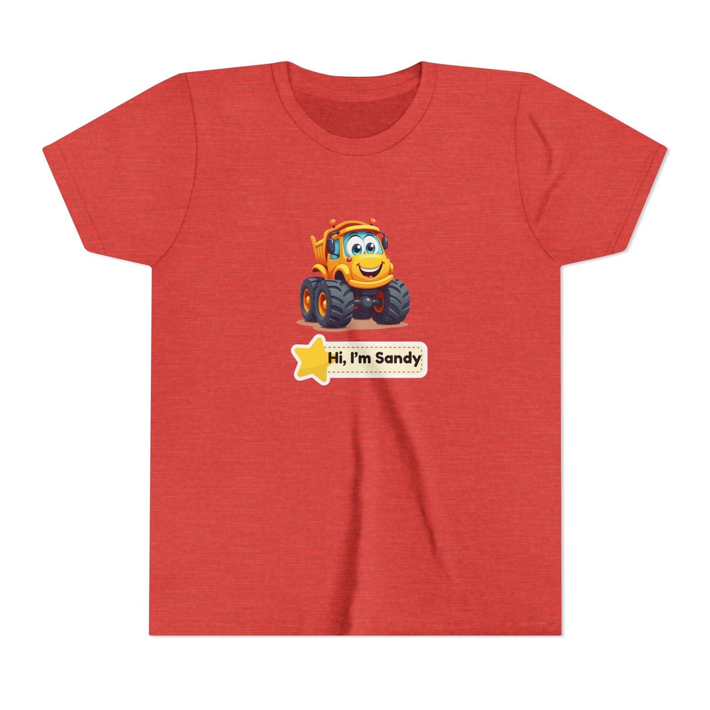 A heather red short-sleeve t-shirt with a cartoon graphic of a smiling yellow construction vehicle and a white label below that reads 'Hi, I'm Sandy'.