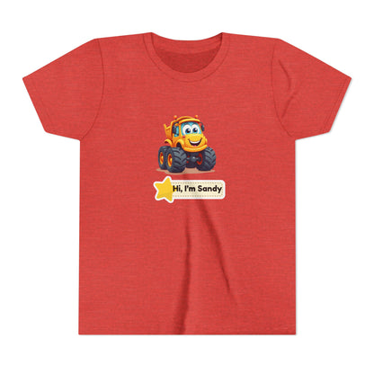 A heather red short-sleeve t-shirt with a cartoon graphic of a smiling yellow construction vehicle and a white label below that reads 'Hi, I'm Sandy'.