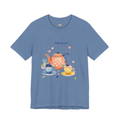 Blue t-shirt with a tea-themed graphic and 'hello friend' text on a white background