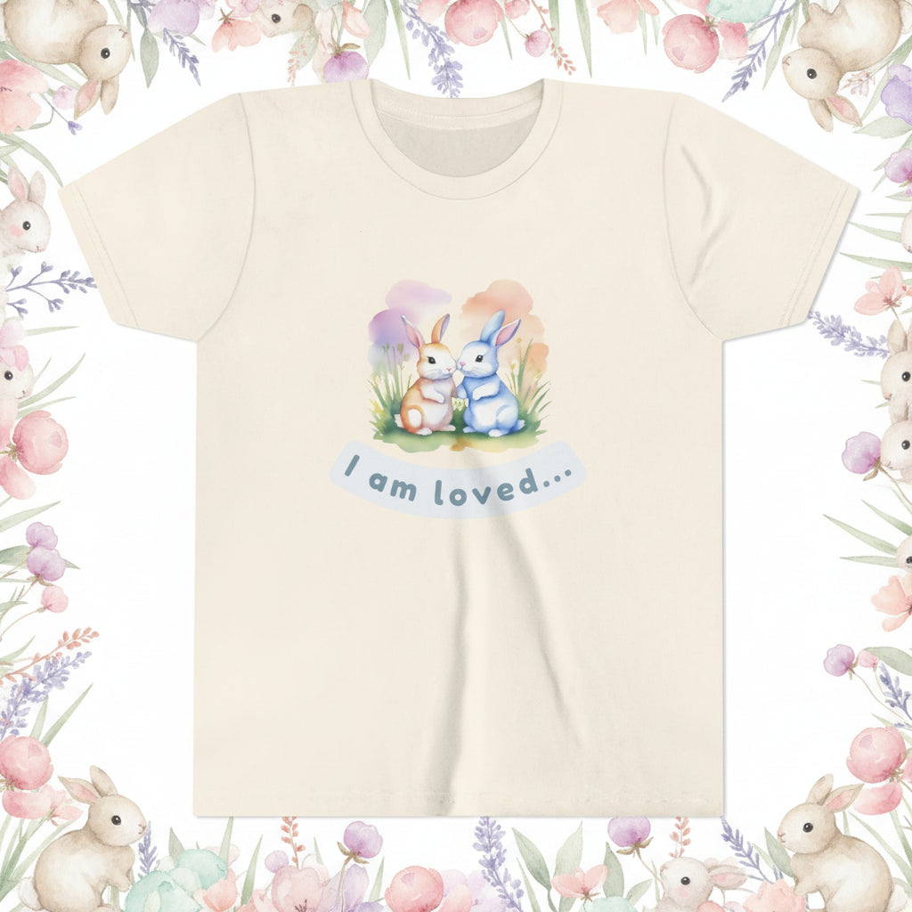 Beige t-shirt with cartoon bunnies and 'I am loved' text on a white background