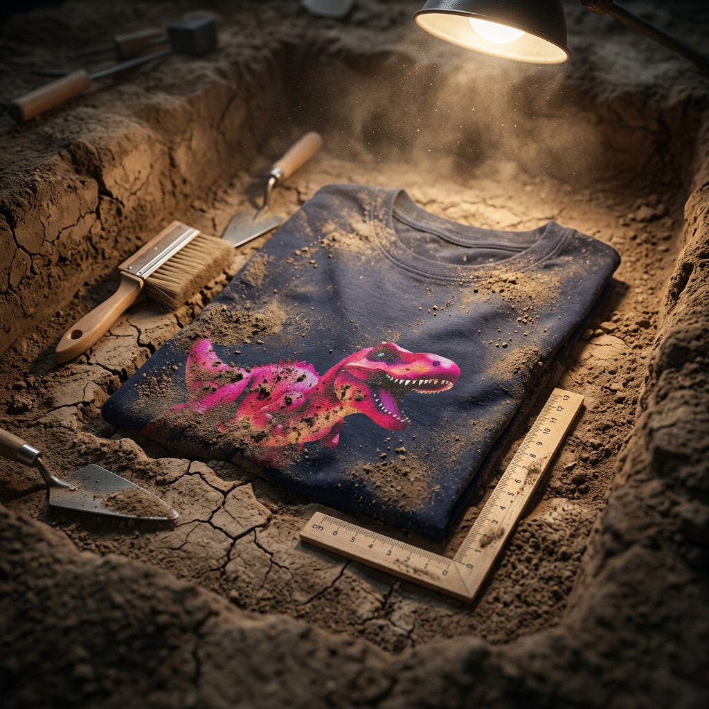 A megenta dinosaur character on a black folded tee is discovered during an excavation.