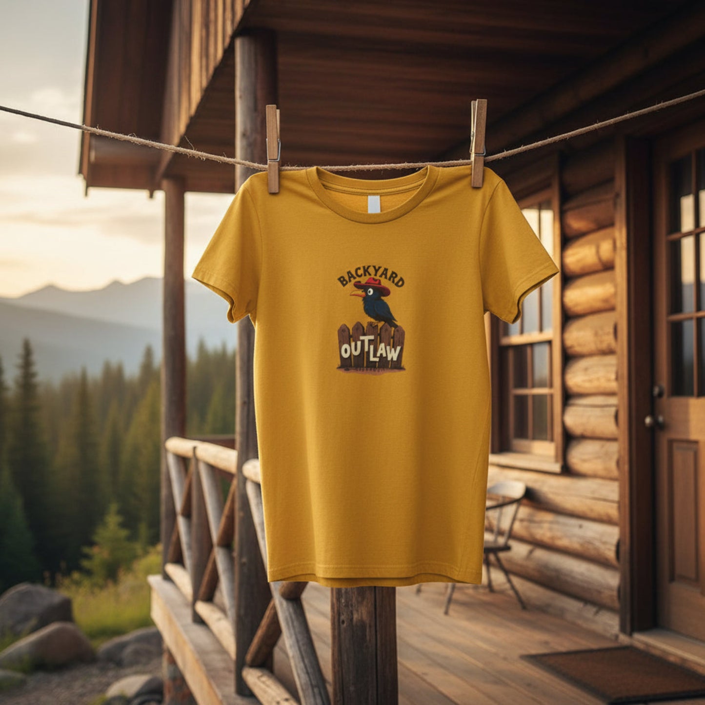 A mustard yellow short-sleeve t-shirt with a graphic of a toucan and the words 'BACKYARD OUTLAW' hanging on a wooden porch line. The background shows a rustic log cabin and a mountain landscape. AI  generated form the imagination of Malika Bourne Legacy