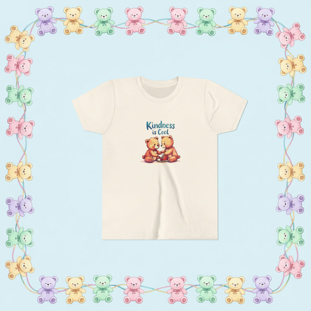 T-shirt with two bears holding hands and 'Kindness is Cool' text on a white background