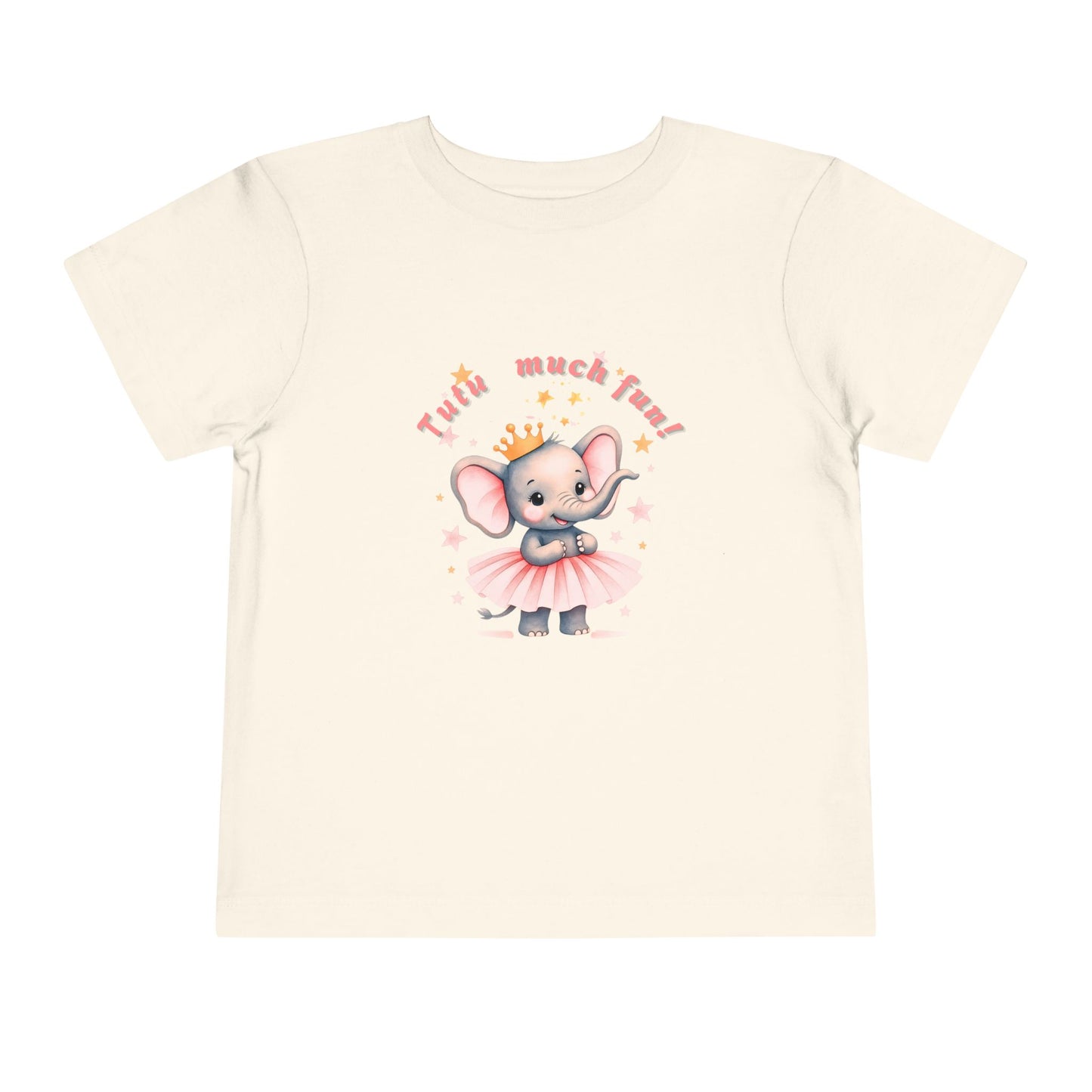Beige t-shirt with a cartoon elephant in a tutu and crown on a white background